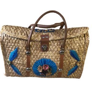 Vintage woven straw raffia Mexico embroidered basket purse tote